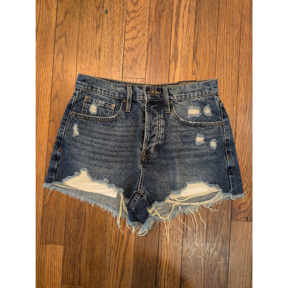 Lincoln Outfitters Womens High Rise Distressed‎ Denim Shorts Blue Button Fly 4